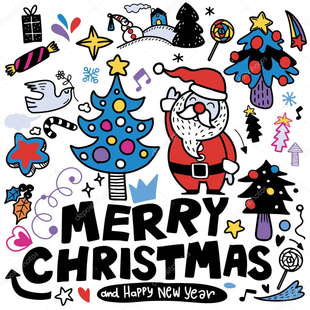 Cute hand drawn Christmas doodles,  set of Christmas design element in doodle style,Sketchy  hand drawn Doodle cartoon set of objects  on the Merry Christmas theme ,Each on a separate layer.