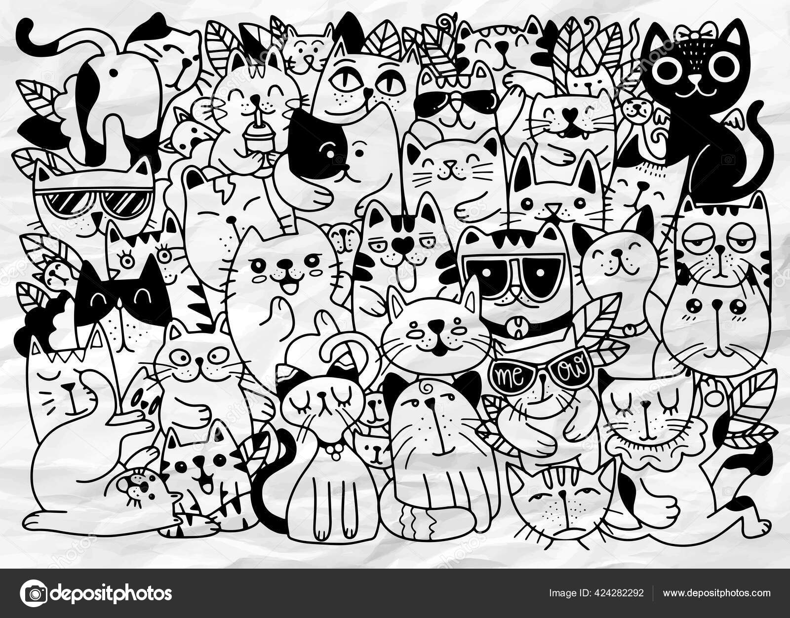 猫のキャラクターの手描きベクトルイラスト スケッチスタイル 落書き 猫の異なる種類 子供のためのベクトルイラスト ぬり絵のためのイラスト  別の層にそれぞれ ストックベクター ©9george 424282292, image size:1600x1252