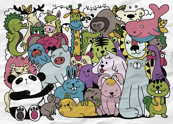 Vector Cartoon Große Menge Von Niedlichen Doodle Tiere Perfekt Für — Stockvektor