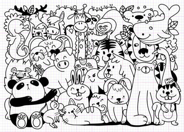Vector Cartoon Big Set Cute Doodle Animals Perfect Postcard Birthday — Stock Vector