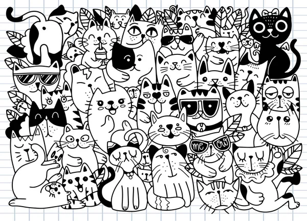 Handgetekende Vectorafbeeldingen Van Cats Tekens Schets Stijl Doodle Verschillende Soorten — Stockvector