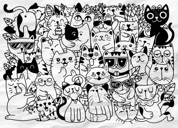 Handritade Vektorillustrationer Cats Tecken Skiss Stil Doodle Olika Arter Katter — Stock vektor