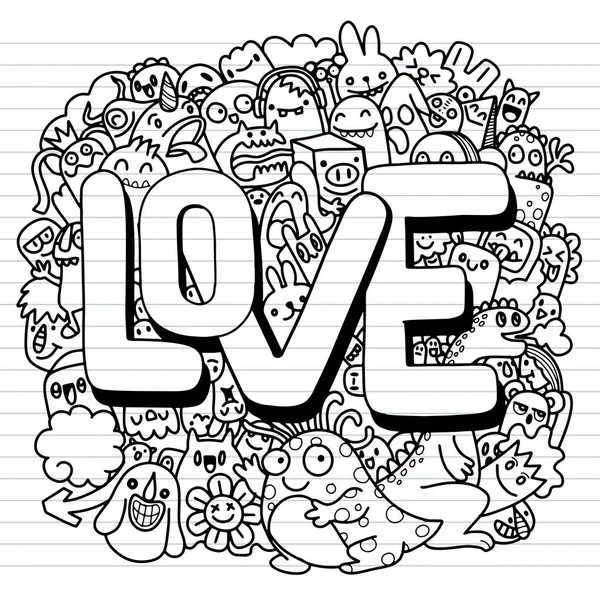 Hand Drawn Vector Ilustração Doodle Kawaii Monstros Doodle Conceito Amor —  Vetores de Stock