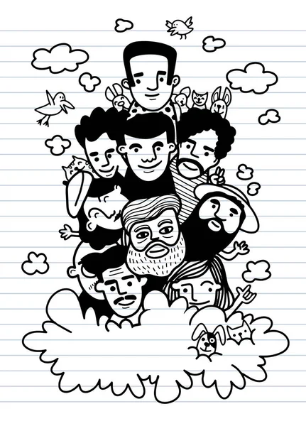 Cute Hand Drawn Doodles Face People Sketch Crowd Funny Peoples — ストックベクタ