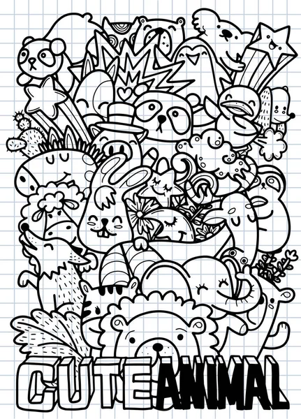 Lindos Garabatos Dibujados Mano Vector Conjunto Dibujos Animados Animales Garabatos — Archivo Imágenes Vectoriales