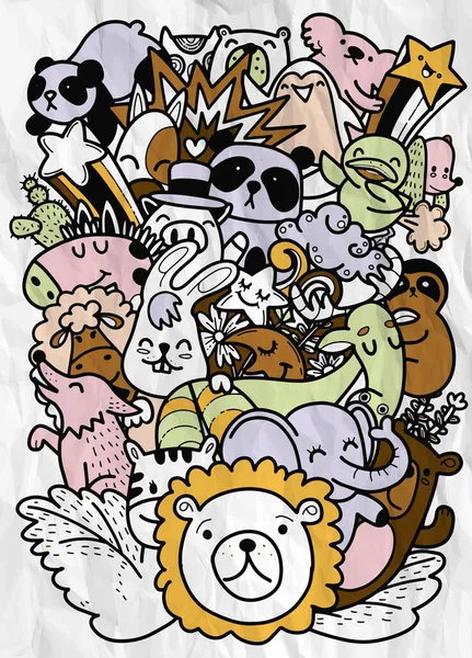 Leuke Handgetekende Doodles Vector Tekenfilmset Van Schattige Doodle Dieren Perfect — Stockvector