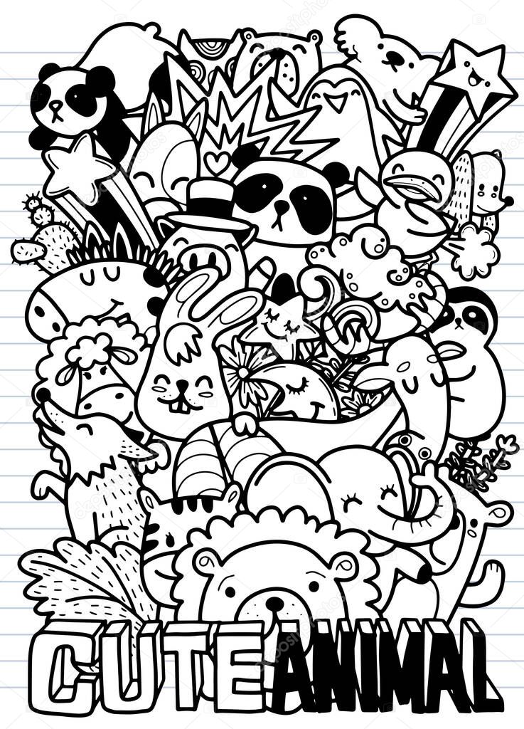Cute hand drawn doodles ,Vector cartoon  set of cute doodle animals. Perfect for postcard, birthday, baby book, children room  ,illustration for coloring book ,Each on a separate layer.