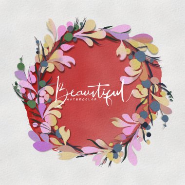 Yazlık çiçeklerle renklendirilmiş renkli çiçek çelenkleri ve metnin için merkez beyaz kopya alanı. Çiçekli suluboya çelenk. Düğün davetiyesi.