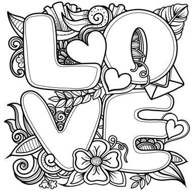 Çiçek süslemeli kelime sevgisi. Mektup. Yetişkin ve çocuklar için boyama sayfası. Sevgililer Günü kartı. Sevimli el çizimi aşk karalamaları, vektör çizim çizim araçları, Düz Desig