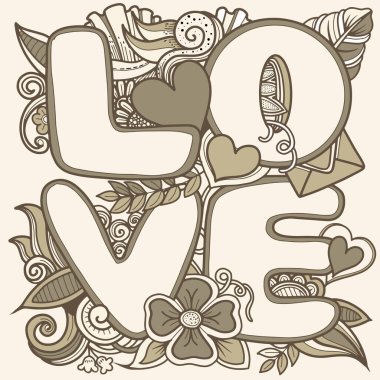 Çiçek süslemeli kelime sevgisi. Mektup. Yetişkin ve çocuklar için boyama sayfası. Sevgililer Günü kartı. Sevimli el çizimi aşk karalamaları, vektör çizim çizim araçları, Düz Desig