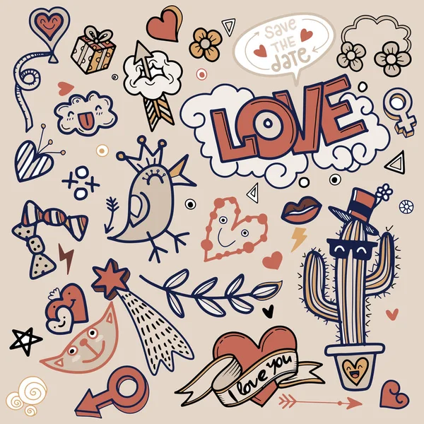 瓦伦丁 可爱的手绘爱情涂鸦 矢量画线工具绘图 平面设计 — 图库矢量图片
