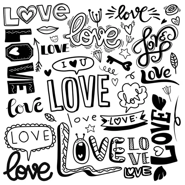 Many Different Words Love Hand Drawn Love Doodles — Stock Vector