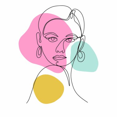Kadın yüzü klipsi, Online Face çizim sanatı, klipsli sanat yüzü, sürekli tek çizgi çizimi. Bir kadının soyut portresi. Vektör illüstrasyonu.