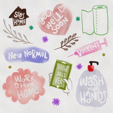 KoronaVirüs Covid-19 harfleri ve diğer elementler. Vektör illüstrasyonu. Kağıt üzerinde suluboya