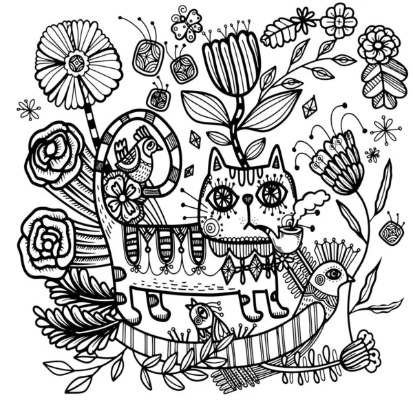 Векторная Иллюстрация Кошка Курит Окружении Цветов Птиц Раскраска Антистресс Взрослых — стоковый вектор