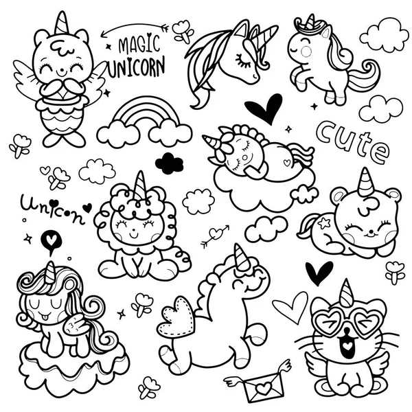 Set Vector Illustrations Unicorns Clouds Kawaii Style White Background Coloring — Stock Vector