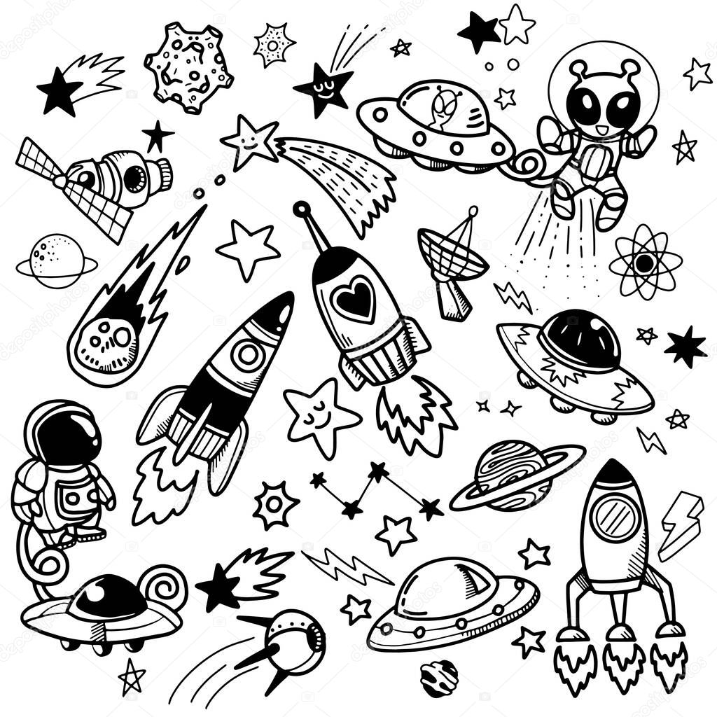 Set with spaceships, planets, and stars. Space-Doodle style. Vector isolated illustration with spaceships, rockets, Mars, Earth, stars on a white background. , illustration for coloring book ,Each on a separate layer.