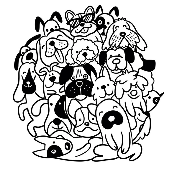 Doodle Perros Línea Arte Fondo Divertidos Perros Círculo Forma Patrón — Archivo Imágenes Vectoriales
