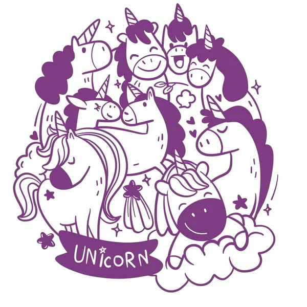 Kartun Lucu Dalam Koleksi Gaya Kawaii Dengan Unicorn Ilustrasi Vektor - Stok Vektor