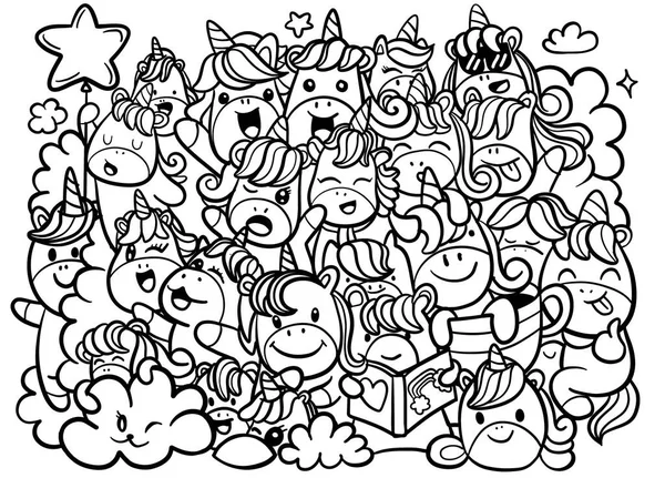 Lindos Dibujos Animados Colección Estilo Kawaii Con Unicornio Ilustración Vectorial — Vector de stock