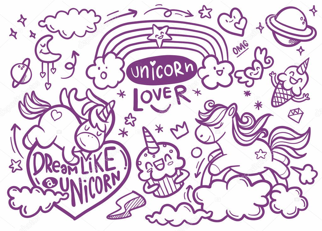 Cute unicorn and pony collection with magic items, rainbow, fairy wings, crystals, clouds, potion. For the design of coloring books,. Vector doodles illustrations.