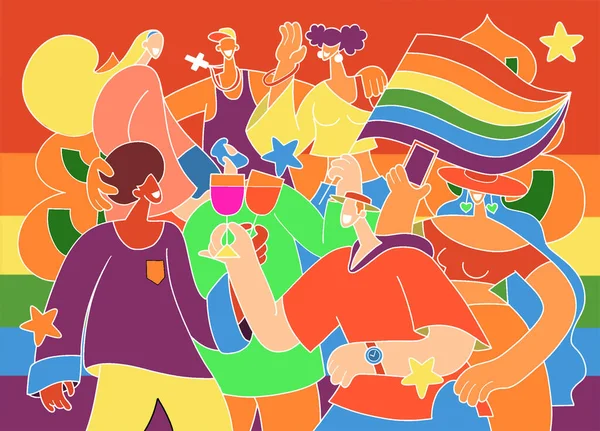 プライドパレード プライドパレードに行進する群衆 レズビアン バイセクシャル トランスジェンダーのコミュニティのメンバー 多様な人々を巻き込む傾向ドアのベクトル図 — ストックベクタ