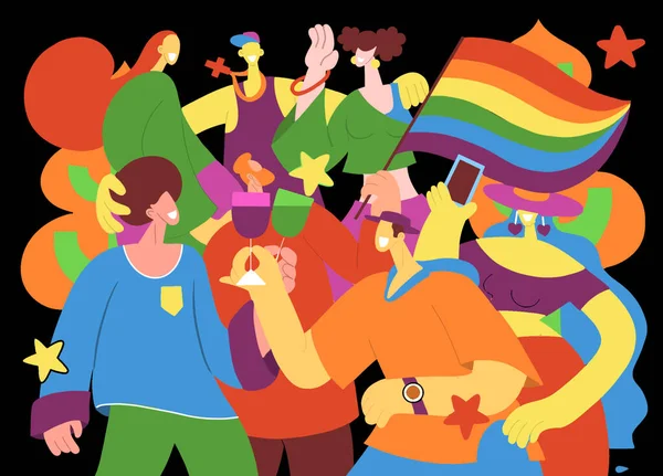 Desfile Del Orgullo Una Multitud Marchando Desfile Del Orgullo Miembros — Vector de stock