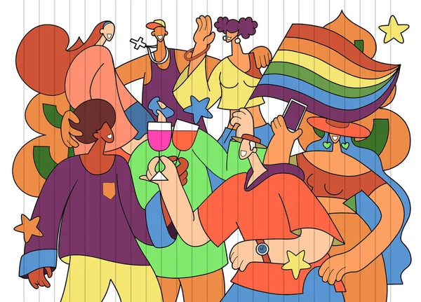 プライドパレード プライドパレードに行進する群衆 レズビアン バイセクシャル トランスジェンダーのコミュニティのメンバー 多様な人々を巻き込む傾向ドアのベクトル図 — ストックベクタ