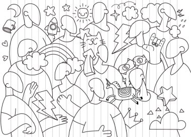 Onur Yürüyüşü, Onur Yürüyüşü 'nde yürüyen bir kalabalık. Lezbiyenler, gay, biseksüeller, boyama kitaplarının tasarımı için, bir karalamanın vektör çizimi.