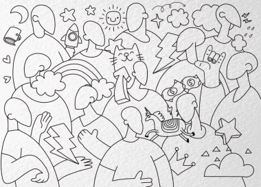 Onur Yürüyüşü, Onur Yürüyüşü 'nde yürüyen bir kalabalık. Lezbiyenler, gay, biseksüeller, boyama kitaplarının tasarımı için, bir karalamanın vektör çizimi.