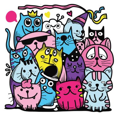 Doodle Cat Group 'un El Çizimi Vektör İllüstrasyonu, çizim çizimi araçları 
