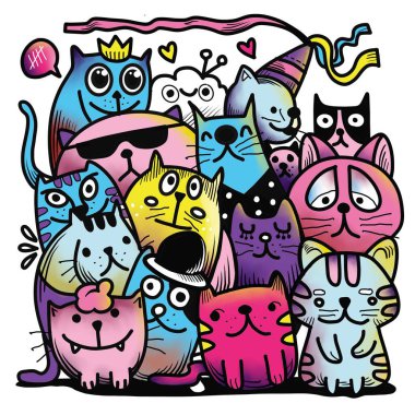 Doodle Kedi Grubu 'nun El Çizimi Çizimi Çizimi, çizim çizimi araçları