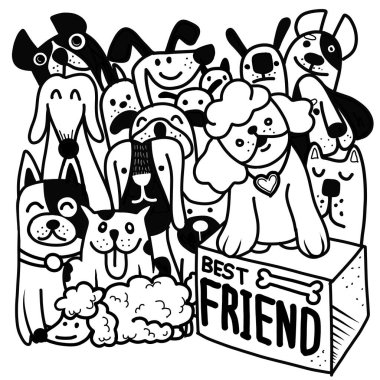 Doodle Dogs Group 'un El Çizimi Vektör İllüstrasyonu, çizim çizimi, Düz Tasarım
