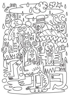 Tatlı canavarlar yağmur altında eğlenmek için oynuyorlar. İllüstrasyon, şirin el çizimleri. ,