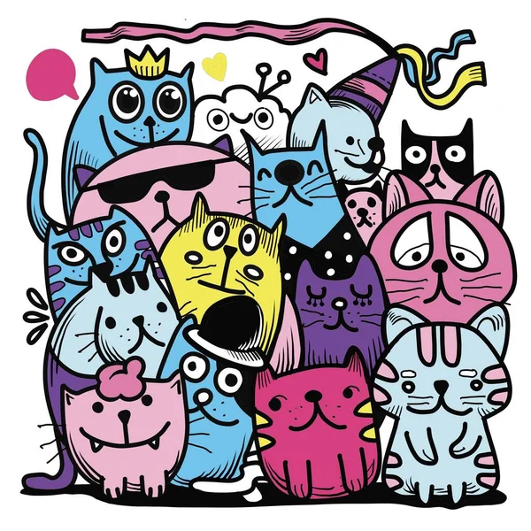 Χειροποίητη Διανυσματική Απεικόνιση Της Ομάδας Doodle Cat Σχέδιο Γραμμών Εικονογράφων — Φωτογραφία Αρχείου