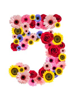 sayı beş 5, üzerinde beyaz izole çiçek alfabesi