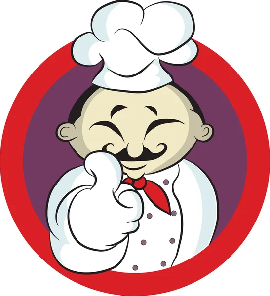 Chef amigable sonriendo pulgares hacia arriba y vistiendo uniforme — Vector de stock