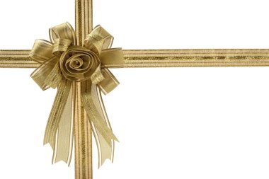 Altın hediye şerit ve yay, beyaz arka plan üzerinde izole.