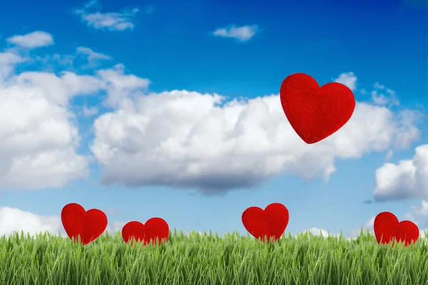 Campo verde bajo el cielo azul con cinco corazones en forma . — Foto de Stock