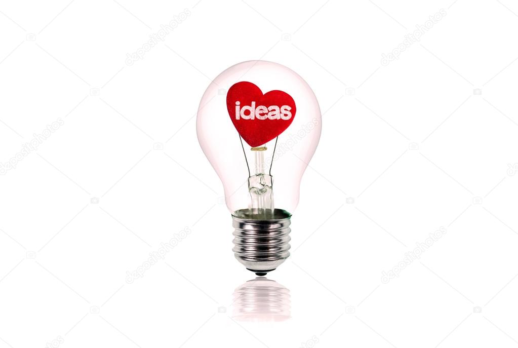 The Red Heart inside of the light bulb isolated on white.