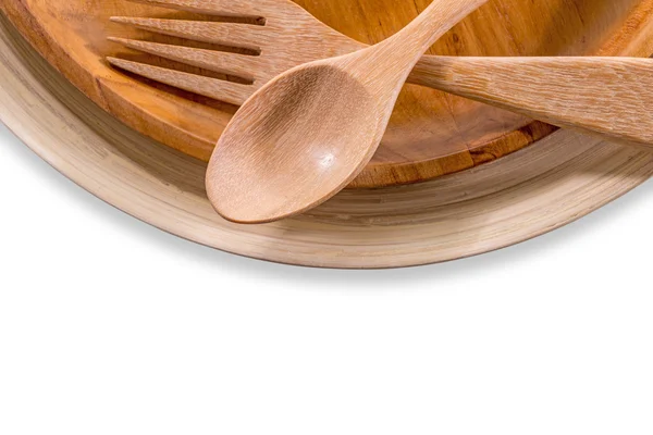 Set of fork,spoon and dish wood isolated over white — Stock Photo, Image