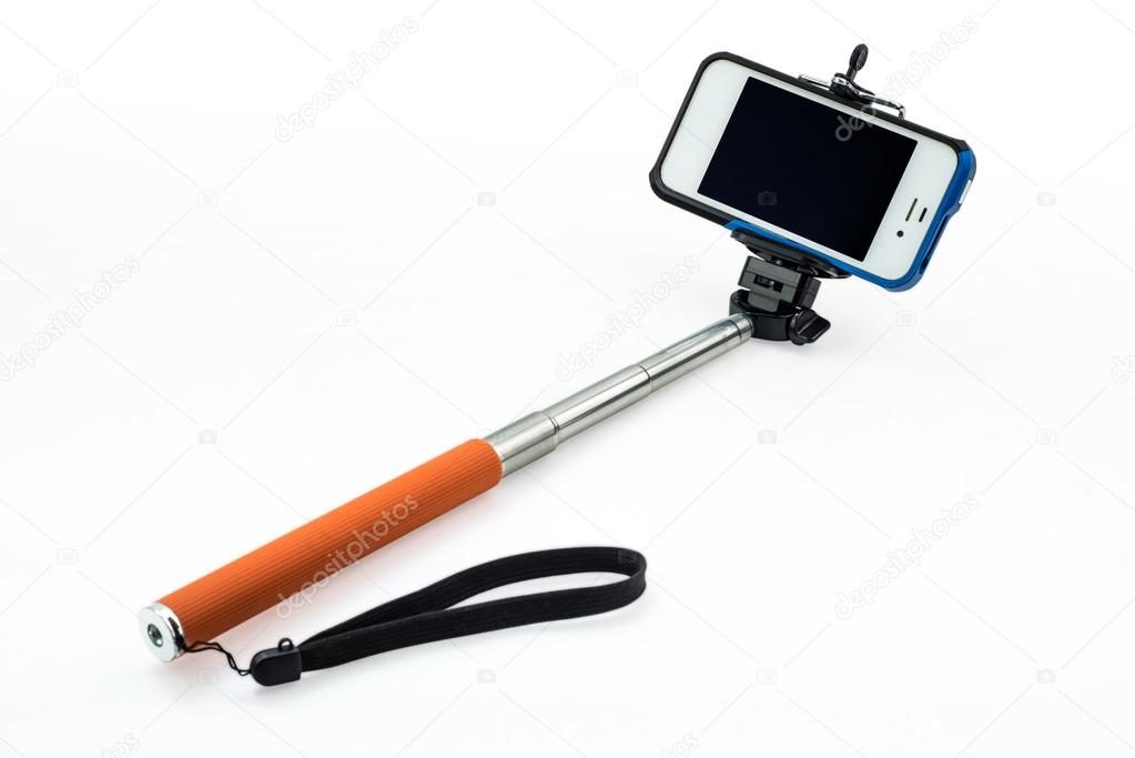 selfie stick with an adjustable clamp on a white background
