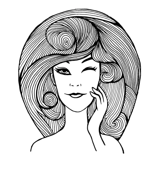 Обличчя жінку з довгим волоссям рука малювати Doodle стиль — стоковий вектор