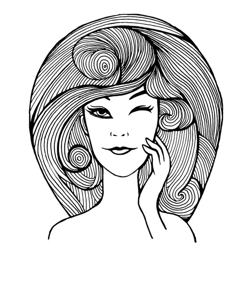 Femme visage avec les cheveux longs Dessin à la main style Doodle — Image vectorielle