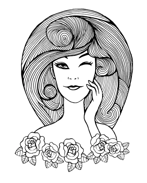 Femme visage avec les cheveux longs Dessin à la main style Doodle — Image vectorielle