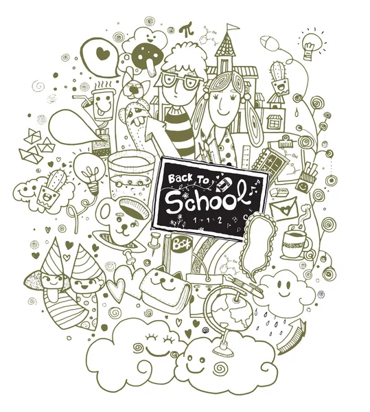 Mano atraída de nuevo a la escuela doodle conjunto — Vector de stock
