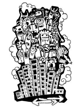 Crazy doodle City,doodle drawing style clipart