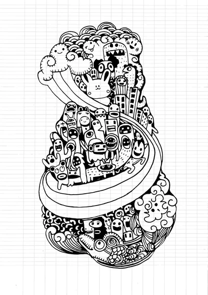 Pazzo doodle Città, stile di disegno doodle — Vettoriale Stock