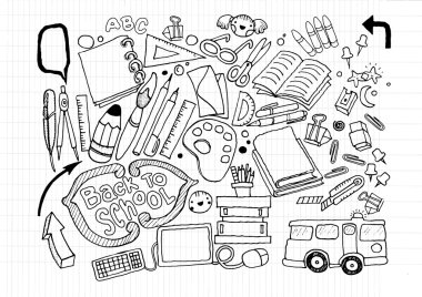 Çizilmiş doodle kırtasiye seti, el çizim Illustrator satır aletleri