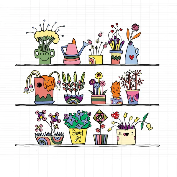 Hand drawn Flowers In Pots, doodle set — Stock Vector